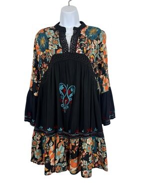 ETC. Black Floral Artsy Embroidered Boho Peasant Tunic Gypsy Dress Size Medium